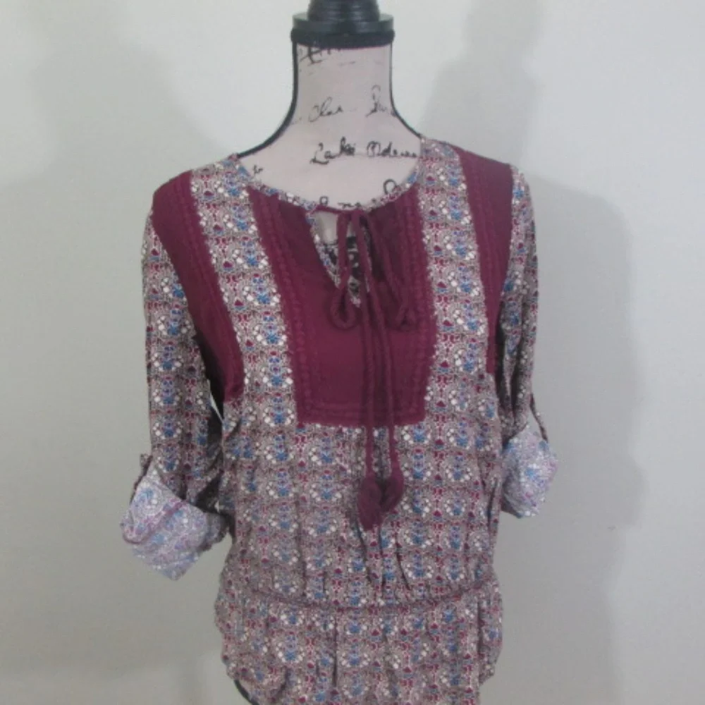 Daniel Rainn Blouse Boho Small Burgundy Print - Picture 2 of 8